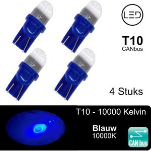 (Set 4 stuks) T10 Led Lampen Blauw 10000K CANbus 5W5 | 290 Lumen | Type T10290-B | W5W | Led Signal Light | 12V | 168 | 194 | 4x | Stadslicht | Kentekenplaat Verlichting | 1SMD | 10000 | Kelvin | Autolampen | Car licht | Lamp |