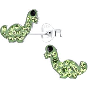 Joy|S - Zilveren dino oorbellen - 10 x 8 mm - dinosaurus - groen met groen kristal - kinderoorbellen