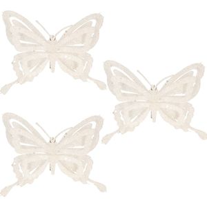 4x stuks decoratie vlinders op clip glitter wit 14 cm - Bruiloftversiering/kerstversiering decoratievlinders