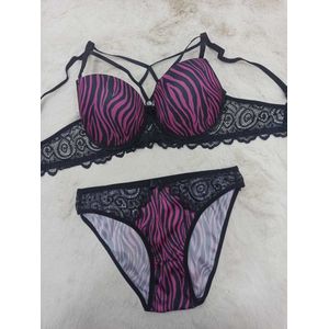 Lingerie- 2-delig set - Voorgevormde beugel-bh set - Push-up beha set - Uitdagende ondergoed set - Zebraprint in paars- Maat 90B