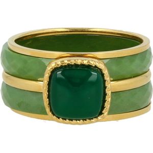 My Bendel - Mooie groene / goudkleurige ringenset - My Bendel - Groene ringen set met keramiek en groen Agaat edelsteen - Met luxe cadeauverpakking