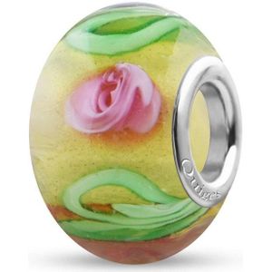 Quiges - Glazen - Kraal - Bedels - Beads Geel met Roze Rozen en Groene Blaadjes Past op alle bekende merken armband NG2011