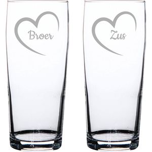 Gegraveerde bierfluitje 19cl Broer met hartje & Zus met hartje