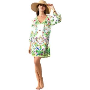 Kaftan - Tuniek - jurk - Strandjurk met print One size S-L wit/groen/roze