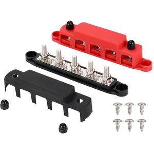 1 paar Stroomverdeelblok M8 (5/16"") met 5 noppen 5-weg 12-48V Heavy-Duty Busbar Positief en Negatief
