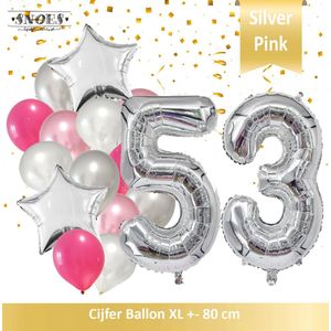 Cijfer Ballon 53 Jaar Zilver Roze White Pearl Boeket * Hoera 53 Jaar Verjaardag Decoratie Set van 15 Ballonnen * 80 cm Verjaardag Nummer Ballon * Snoes * Verjaardag Versiering * Verjaardag Decoratie * Silver Pink Pearl White* Nummer Ballon 53