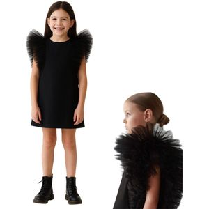 Joya Kids® Bruidsmeisje Jurk Meisje Zwart met Tule Pofmouwen | Feestjurk Tule Mouwen | Prinsessen jurk Zwart | Feestjurk Communie | Kinderjurk Bruiloft | Voor 2 tot 10 jaar oud | Maat 110