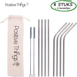 Positive Things™ Duurzame RVS rietjes - Set van 10 (8 rietjes + 2 borsteltjes + linnen zakje) - Roestvrijstalen / metalen rietjes - 4 rechte en 4 gebogen