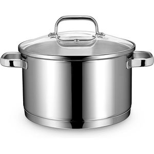 Kookpot inductie 24 cm met glazen deksel, kookpan groot 6 l, van 18/10 roestvrij staal, handvat niet heet, gesmede bodem voor alle fornuizen, pot groot als soeppan noedelpan spaghettipot |