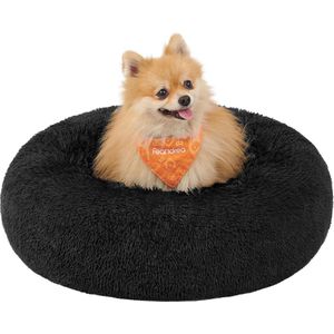 hondenmand, rond donutvormig bed, bank, afneembaar en wasbaar centraal kussen, zachte pluche stof, Ø60 cm, inktzwart