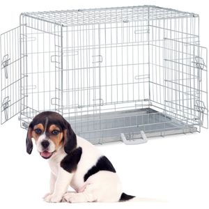 Relaxdays hondenbench - draadkooi hond - transportbox - hondenkooi - 2 deuren - zilver - M