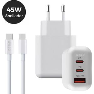 45W USB-C Adapter Drievoudige Poort met 2 Meter 100W USB-C Kabel - USB C en USB A adapter - MacBook Oplader - Laptop Oplader USB C - Snelladen met Power Delivery 3.0