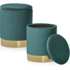 Ronde Fluwelen Kruk met Opbergruimte – Zinvolle Accessoire voor Woonkamer en Slaapkamer, Ø 31 cm, Hoogte 38 cm, Turquoise