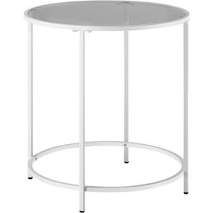 Moderne Ronde Bijzettafel met gehard glazen tafelblad en metalen frame in parelwit en rookgrijs 50x50x55cm