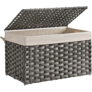 Polyrattan opbergdoos, opbergmand, 65 L wasmand, decoratieve kist met deksel, handgrepen en katoenen zak, rechthoekig, geweven, slaapkamer, wasruimte, grijs RST56WG