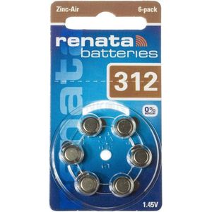 6 Stuks (1 Blister a 6st) Renata ZA 312 Gehoorapparaat batterijen