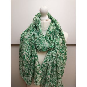 Lange dames sjaal Katy fantasiemotief bladerenmotief groen wit goud smaragd lichtgroen evergreen