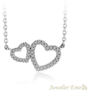 Juwelier Emo - Dubbele Hart hanger Ketting met Zirkonia's - Zilveren Ketting met hanger - 45 CM