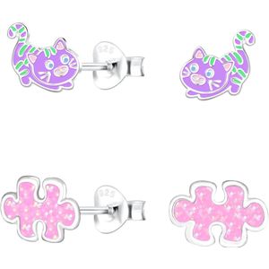 Joy|S - Zilveren kat en puzzelstukje oorbellen set - 2 paar - paars / roze met glitter - kinderoorbellen