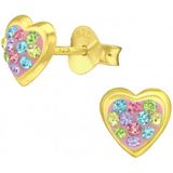 Zilveren oorbellen | Oorstekers | Gold plated oorstekers, roze hart met gekleurde kristallen