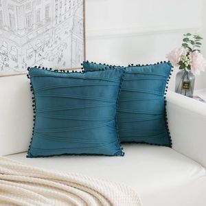 Set van 2 fluwelen kussenslopen, gestreept, decoratief met pompons, kussenovertrek, bankkussen, sierkussen, effen, voor bank, slaapkamer, 45 x 45 cm, donkerblauw