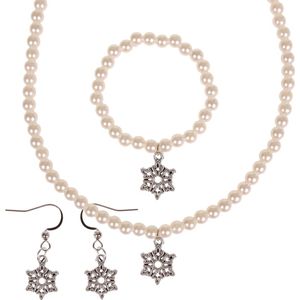 Set - Kinderketting, armbandje en oorbellen - ivoorkleurige immitatieparels 6mm - Hangertje sneeuwvlokje zilverkleurig 1,2cm