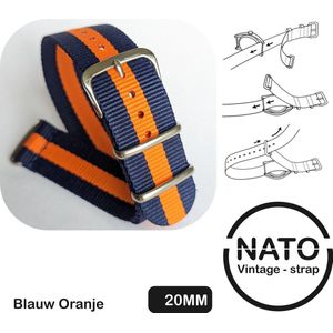 20mm Nato Strap Blauw Oranje streep - Vintage James Bond - Nato Strap collectie - Mannen - Horlogebanden - Blue Orange - 20 mm bandbreedte voor oa. Seiko Rolex Omega Casio en Citizen