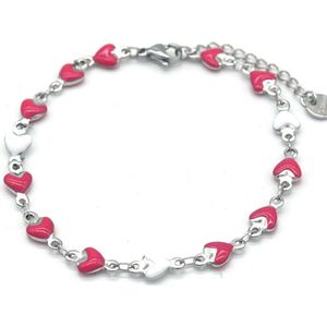 Armband Dames - Hartjes - RVS - Lengte 17-21 cm - Zilverkleurig en Roze