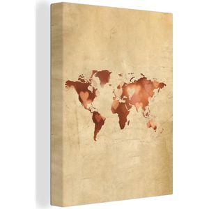 Wanddecoratie Wereldkaart - Hart - Bruin - Canvas - 90x120 cm