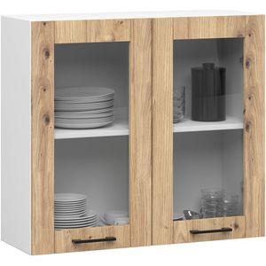 Vitrinekast, Keukenkast modulaire OLIWIA W80 H720 met 2 Deuren / Hangkast / Bovenkast / AKORD Furniture Factory / Wit - Arisan Eik / 80 x 72 x 30 cm
