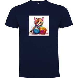 Donker Blauw T-Shirt met “ Kleurrijke Kitten met bol wol “ Print Full Color Maat S