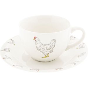 Clayre & Eef Kop en schotel 200 ml Beige Keramiek Rond Kippen Servies Cadeau voor haar Cappuccino