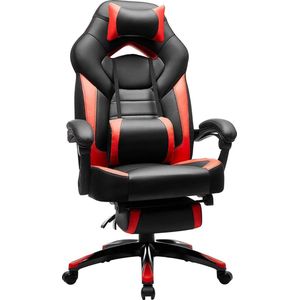 gaming stoel, bureaustoel met voetensteun, bureaustoel, ergonomisch design, verstelbare hoofdsteun, lendensteun, belastbaar tot 150 kg, zwart-rood, OBG77BR