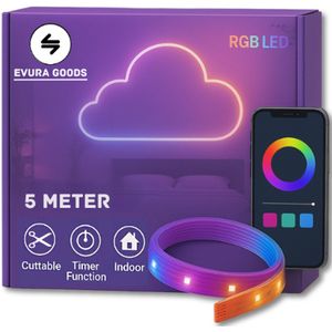Evura Goods - Led strip - 5 meter - RGB - met afstandsbediening & telefoon app - dimbaar - smart LED light verlichting - led-strips - timer en muziek modus - Led lights - smart home verlichting