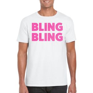 Bellatio Decorations Verkleed T-shirt voor heren - bling - wit - roze glitter - carnaval/themafeest M