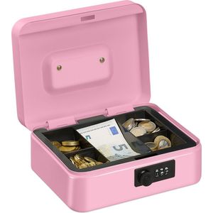 Relaxdays geldkistje met cijferslot - geldkluisje slot - kistje voor geld - geldcassette - roze
