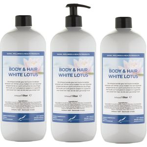 Body & Hair White Lotus 1 liter - set van 3 stuks - met gratis pomp - 2 in 1 voor lichaam en haar.