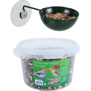 Raamvoederbakje voor vogelvoer 12 cm donker groen inclusief 4-seizoenen energy vogelvoer - Vogel voederstation - Vogelvoederhuisje