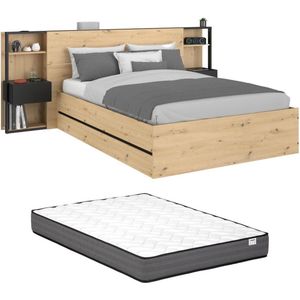 Bed met opbergruimte 140 x 190 cm met nachtkastjes - Kleur: houtlook en zwart + matras - LUDARO L 255.1 cm x H 102.6 cm x D 235.7 cm