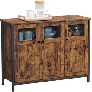 In And OutdoorMatch Dressoir Keukenkast Roger - Opbergkast met Glazen Deur - Woonkamer - Keuken - Eetkamer - Stalen Frame - Industriële Stijl - Vintage Bruin/Zwart