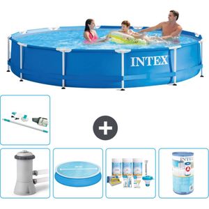 Intex Rond Frame Zwembad - 366 x 76 cm - Blauw - Inclusief Pomp Solarzeil - Onderhoudspakket - Filter - Stofzuiger