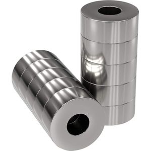 Extra sterke zilveren Neodymium powermagneet - diameter 15 x 6 mm - 6 mm binnendiameter - hechtkracht 5 kg - voor whiteboard, prikbord, magneetbord, werkplaats