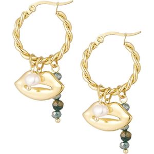 Joy Ibiza - Lipjes bedel oorbellen - 20 mm oorringen twisted met lippen hanger- wit parel groen grijze kraaltjes - Franse sluiting - ear party boho - bohemian bloem - stainless steel - ip/pvd goldplated