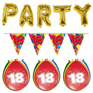 Folat - Verjaardag feestversiering 18 jaar PARTY letters en 16x ballonnen met 2x plastic vlaggetjes