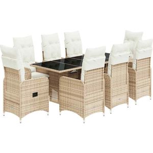 The Living Store 9-delige Bistroset met kussens poly rattan beige - Tuinstoelen - Lounge Set - Buitendecoratie - Terrasmeubilair - Bistroset