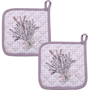 HAES DECO - Set van 2 Pannenlappen - formaat 20x20 cm - kleuren Paars / Wit - van 100% Katoen - Collectie: Lavender Garden - Pannenlap