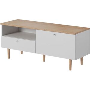 TV meubel Loveli 120, TV meubel met lade, ruim, modern, Scandinavische stijl. Breedte 120 cm. Kleur wit + lichtbruin - korting