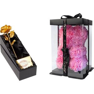 GreatGift® - Gouden Roos met Roze Rozen Beer - Bloemen - Verjaardagscadeau -Moederdag - Valentijn - Liefde - Goud - Cadeau voor vrouw