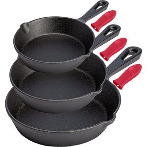 VAIVE Gietijzeren Pannen Set voor BBQ en Inductie - 16cm – 20cm - 26cm – Koekenpan - Hapjespan -Koekenpannen - Braadpan