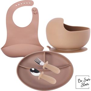 Siliconen Kinderservies set - 5 Delig Caramel - Kinderservies - Kinderbord - Kom - met Zuignap - Kinderbestek - Baby Bestek - Slabbetjes - Kraamcadeau - Babyshower - Baby - BPA-Vrij